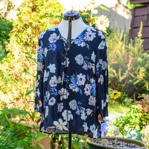 Alice Blue [StitchFix] Lace-up neckline Navy flowered blouse w/bell sleeves